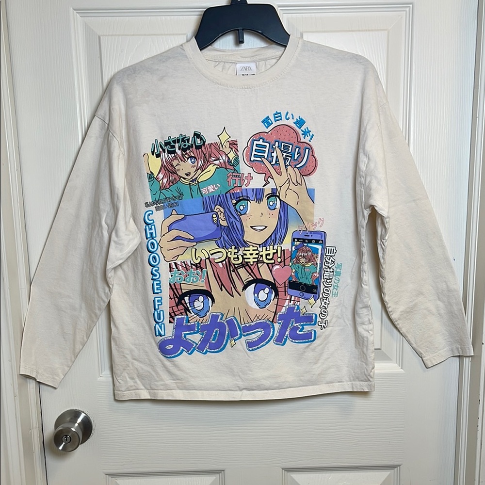 Zara Cream and Blue Graphic Long Sleeve‎ Tee